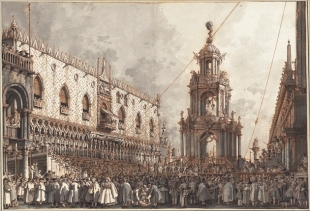 Canaletto's drawing, La festa del GiovedÃ¬ Grasso, Palazzo Ducale, Venezia, 1763/1766 (ink and grey watercolor on graphite and red gypsum, white gouache), 38,6 x 55,5 cm, Collection Wolfgang Ratjen, Paul Mellon Fund - on show at Correr<br />
